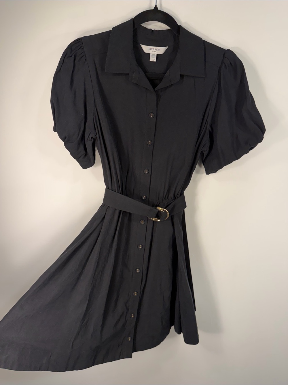 Ever New Black Puff-Sleeve Button Shirt Dress with Belt